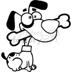 Black and white dog with bone in mouth clipart.