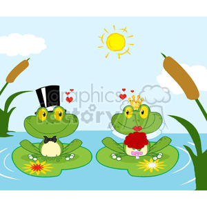 clipart - Cartoon Bride and Groom Frogs Characters Lake Scene.