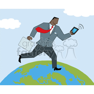 Cartoon-African-American-Businessman-Running-Around-A-Globe-With-Suitcases-And-Tablet clipart. Commercial use image # 381829