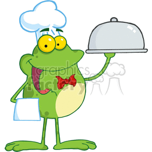 Cartoon-Frog-Mascot-Character-Chef-Serving-Food-In-A-Sliver-Platter clipart. Royalty-free image # 381839
