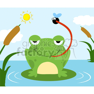 Cartoon Frog On a Leaf Catching Fly Scene clipart.