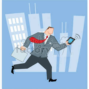Cartoon-Businessman-Running-In-The-City-With-Suitcases-And-Tablet clipart. Royalty-free image # 381874