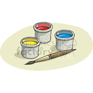 clipart - Cartoon paintbrush with containers of paint.
