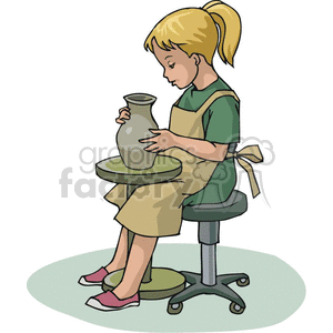 education cartoon back+to+school clay pottery class art stool spinning wheel vase girl student learning teaching showing making apron determined 