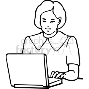 clipart - Black and white outline of a student typing on a laptop.