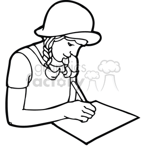 clipart - Black and white outline of a student writing on paper .