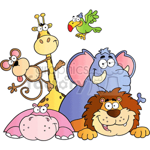 The clipart image shows a group of cartoon jungle animals, including a monkey, a lion, a giraffe, an elephant, a zebra, and a parrot. The characters are depicted in a humorous style and are designed as vector graphics, allowing for easy resizing without losing quality. The image would be suitable for use in various contexts related to animals, zoos, jungles, or children's entertainment.
