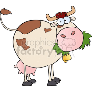 The image is a cartoon of a cow with grass in its mouth, and a bell around its neck. Its legs are skinny. The body is white with large brown patches on it.