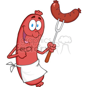 Happy Sausage Cartoon Mascot Character With Sausage On Fork clipart. Royalty-free image # 386496