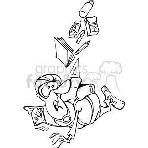 clipart - cartoon man sky diver with wrong backpack in black and white.