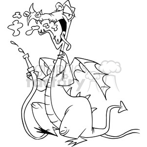 cartoon dragon with water hose black and white clipart.