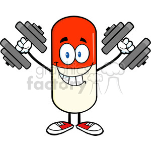 6304 Royalty Free Clip Art Smiling Pill Capsule Cartoon Mascot Character Training With Dumbbells clipart. Royalty-free image # 389309