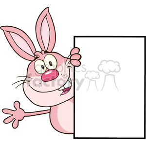 Royalty Free RF Clipart Illustration Cute Pink Rabbit Cartoon Character Looking Around A Blank Sign And Waving clipart.