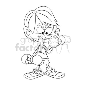 vector black and white child lifting weights cartoon clipart.