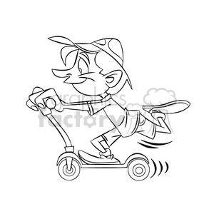 kid riding a scooter black and white clipart.