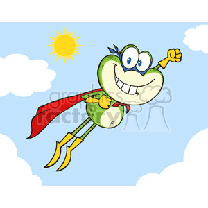 Royalty Free RF Clipart Illustration Frog Superhero Cartoon Character Flying In The Sky clipart.