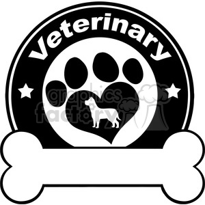 Royalty Free RF Clipart Illustration Veterinary Black Circle Label Design With Love Paw Dog And Bone Under Text clipart.