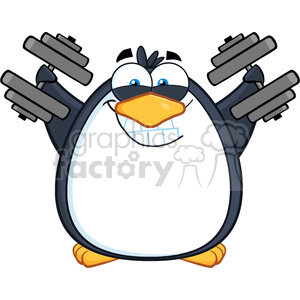 clipart - Royalty Free RF Clipart Illustration Smiling Penguin Cartoon Mascot Character Training With Dumbbells.