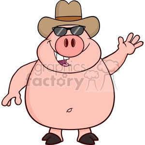 Royalty Free RF Clipart Illustration Happy Pig Cartoon Character With Sunglasses And Cowboy Hat Waving