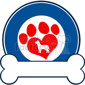 Royalty Free RF Clipart Illustration Veterinary Blue Circle Label Design With Love Paw Dog And Bone clipart.
