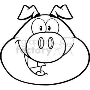 Royalty Free RF Clipart Illustration Black And White Happy Pig Head Cartoon Mascot Character