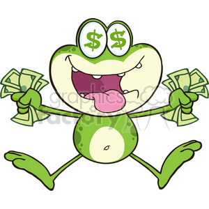 Royalty Free RF Clipart Illustration Crazy Green Frog Cartoon Character Jumping With Cash clipart. Royalty-free image # 395679