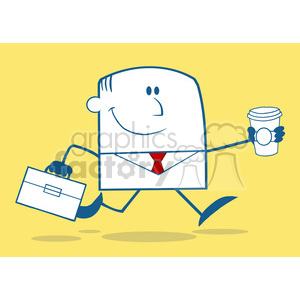 Royalty Free RF Clipart Illustration Lucky Businessman Running To Work With Briefcase And Coffee Monochrome Cartoon Character On Yellow Background clipart.