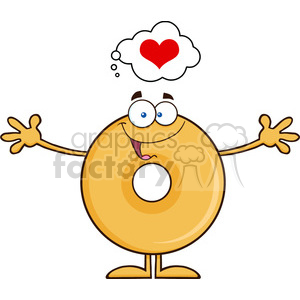 8656 Royalty Free RF Clipart Illustration Funny Donut Cartoon Character Thinking Of Love And Wanting A Hug Vector Illustration Isolated On White clipart.