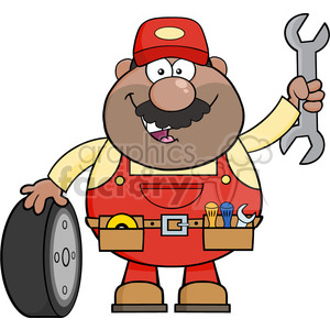 8555 Royalty Free RF Clipart Illustration Smiling African American Mechanic Cartoon Character With Tire And Huge Wrench Vector Illustration Isolated On White clipart.