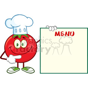 8396 Royalty Free RF Clipart Illustration Smiling Tomato Chef Cartoon Mascot Character Pointing To Menu Board Vector Illustration Isolated On White clipart.