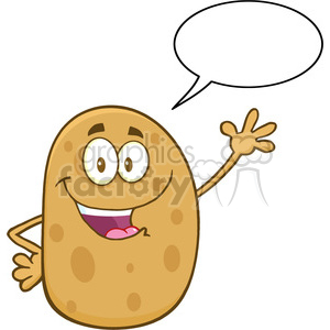 8782 Royalty Free RF Clipart Illustration Happy Potato Cartoon Character Waving With Speech Bubble Vector Illustration Isolated On White clipart.