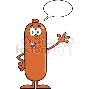 8428 Royalty Free RF Clipart Illustration Sausage Cartoon Character Waving With Speech Bubble Vector Illustration Isolated On White With Speech Bubble clipart.