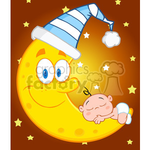 Royalty Free RF Clipart Illustration Cute Baby Boy Sleeps On The Moon With Sleeping Hat Over Sky With Stars clipart. Commercial use image # 396910