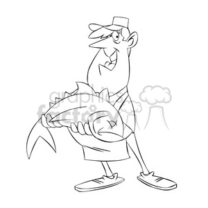 Chuck the cartoon butcher holding large fish black white clipart.