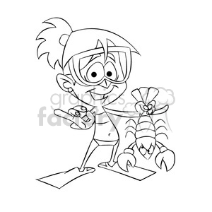 clipart - ally the cartoon character holding a lobster black white.