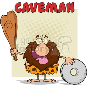 happy male caveman cartoon mascot character holding a club and showing whell vector illustration with text caveman clipart.