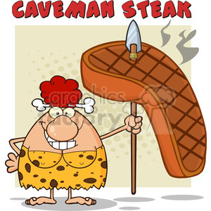 clipart - smiling red hair cave woman cartoon mascot character holding a spear with big grilled steak vector illustration with text caveman steak.
