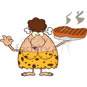 clipart - 10028 brunette cave woman cartoon mascot character holding up a platter with big grilled steak and gesturing ok vector illustration.