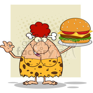 clipart - red hair cave woman cartoon mascot character holding a big burger and gesturing ok vector illustration.