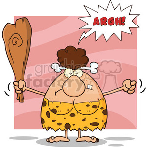 10047 angry brunette cave woman cartoon mascot character holding up a fist and a club vector illustration with speech bubble and text argh clipart.