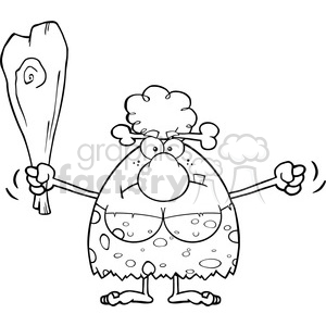 black and white grumpy cave woman cartoon mascot character holding up a fist and a club vector illustration