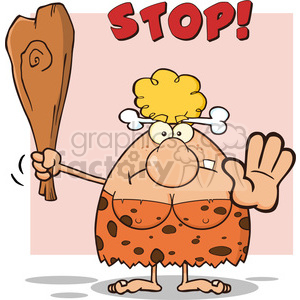 clipart - angry cave woman cartoon mascot character gesturing and standing with a spear vector illustration with text stop.
