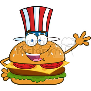 clipart - illustration american burger cartoon mascot character with patriotic hat waving for greeting vector illustration isolated on white background.