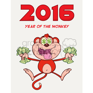 royalty free rf clipart illustration rich red monkey cartoon character jumping with cash money and dollar eyes vector illustration new year greeting card .