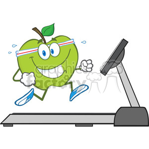clipart - royalty free rf clipart illustration healthy green apple cartoon character running on a treadmill vector illustration isolated on white.