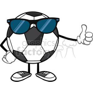 soccer ball faceless cartoon mascot character with sunglasses giving a thumb up vector illustration isolated on white background clipart.