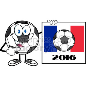 9731 pointing soccer ball cartoon mascot character pointing to a sign with france flag and 2016 year vector illustration isolated on white background clipart. Commercial use image # 399786