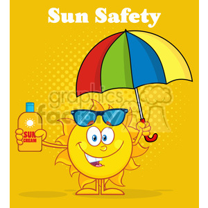cute sun cartoon mascot character holding a umbrella and bottle of sun block cream vector illustration with yellow haftone background and text sun safety clipart.