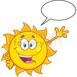 clipart - happy sun cartoon mascot character waving for greeting with speech bubble vector illustration isolated on white background.