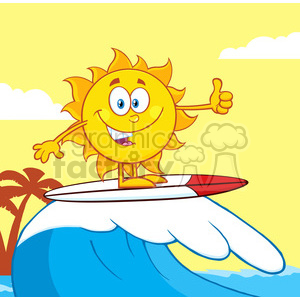 clipart - surfer sun cartoon mascot character riding a wave and showing thumb up vector illustration with background.